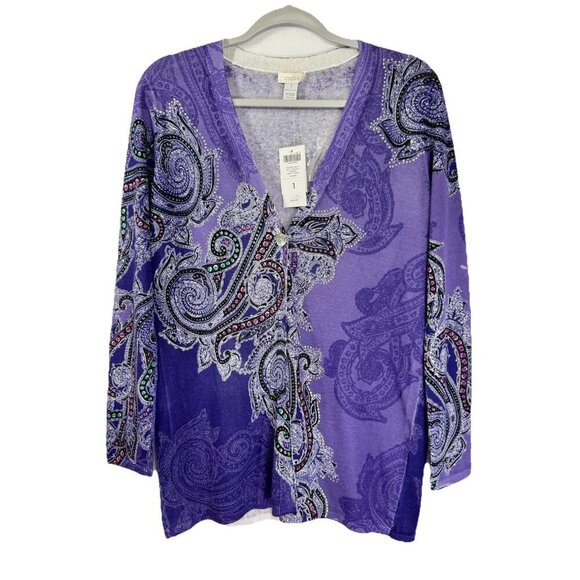 Chicos One Button Cardigan 1/Medium Purple Paisley Rhinestone V-Neck Sweater NEW - Picture 1 of 7